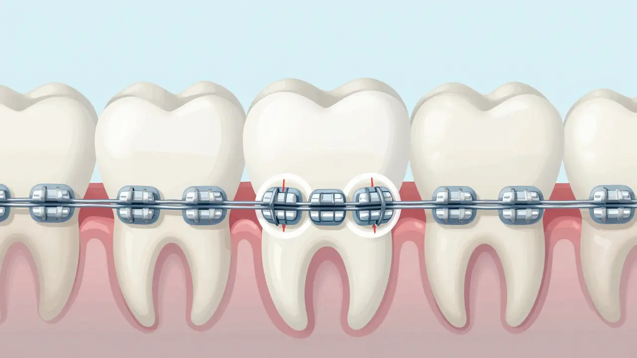 Příčný řez zubem s bílými skvrnami kolem braketu a zdravým emailem.