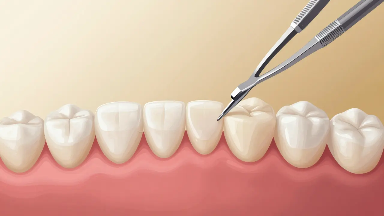 Příčný řez zubu s tenkou keramickou fazetou přilepenou na sklovinku.