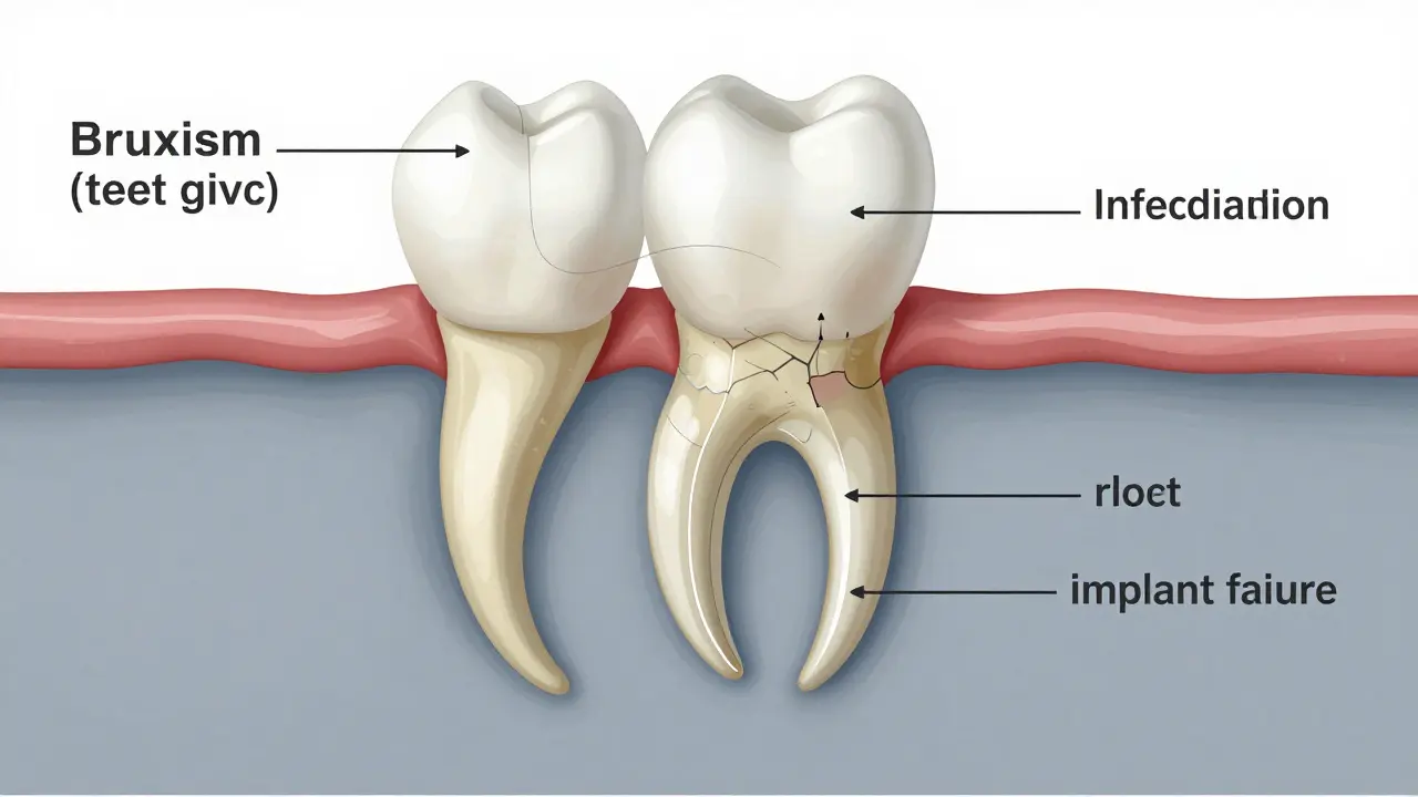 Průřez čelisti s rozštěpeným kořenem a příčinami poškození