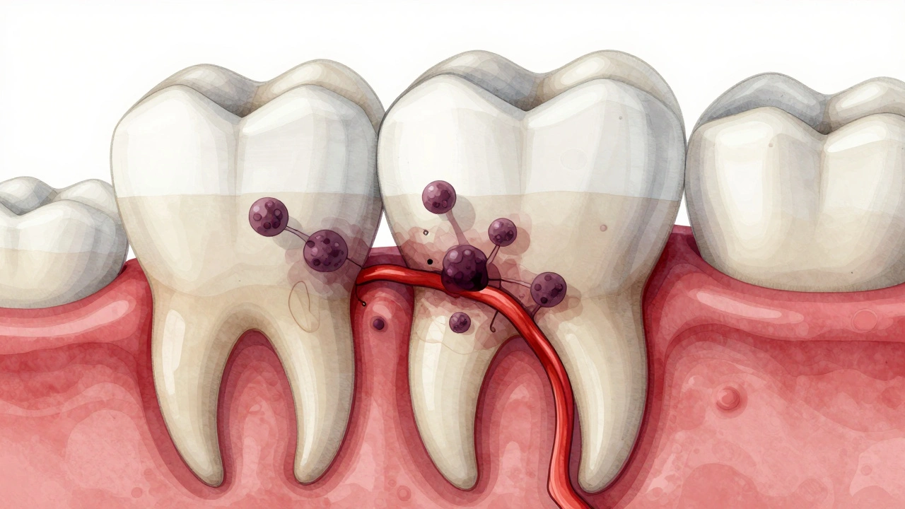 Průřez zubu s viditelným mezizubním kázem a infekcí