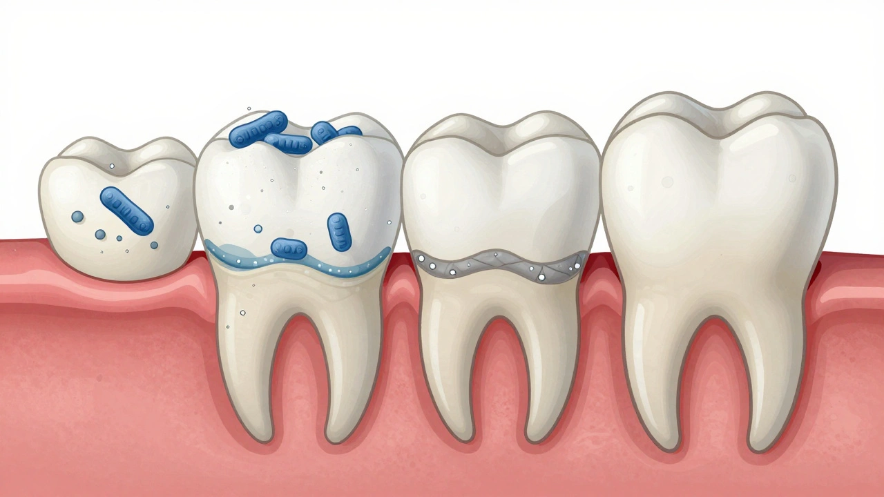 Průřez zubu ukazující přechod plaku na zubní kámen a erozi skloviny