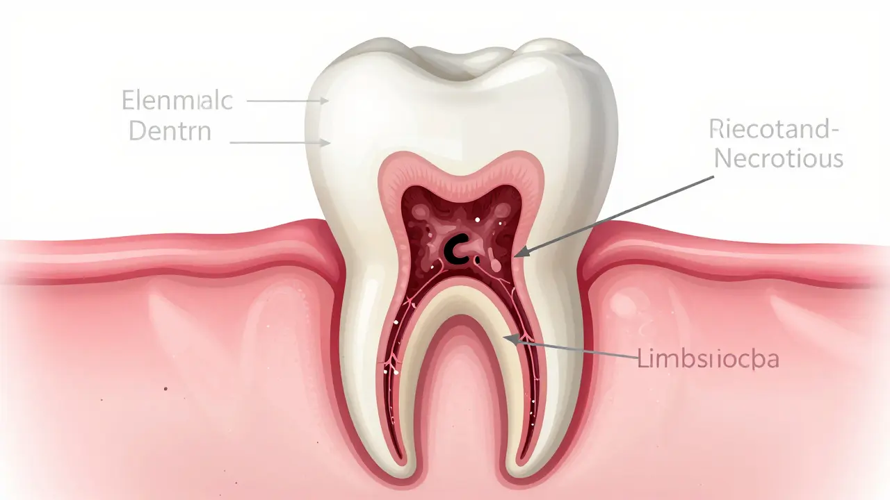Průřez zubu ukazující zemřelou pulpu a poškozené cévy