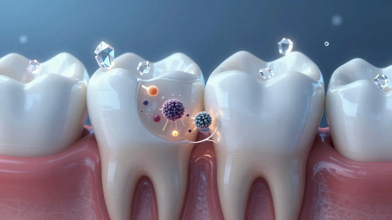 Řez zubem s bělícím gelem pronikajícím do skloviny a rozkládajícím pigmenty, s ochrannými krystaly fluoridu.