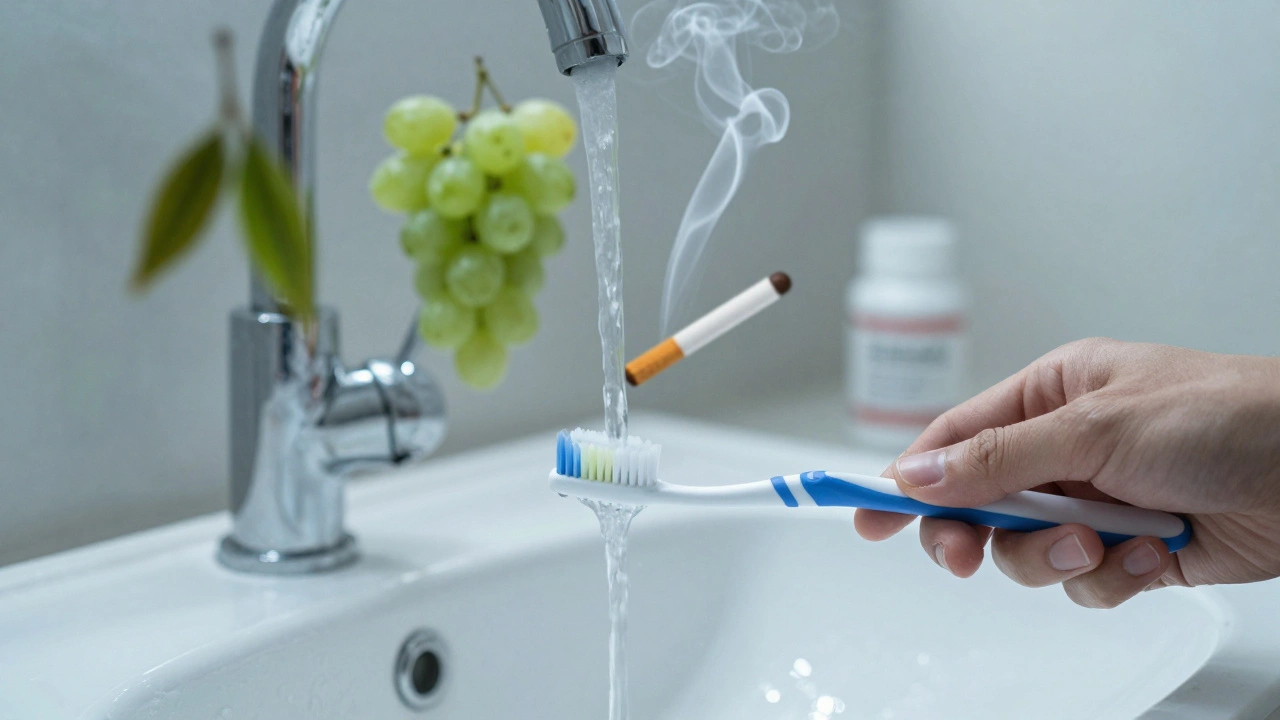 Ruka čistí zuby pod tekoucí vodou, zatímco v pozadí se rozptylují stíny čaje, vína a kouře.