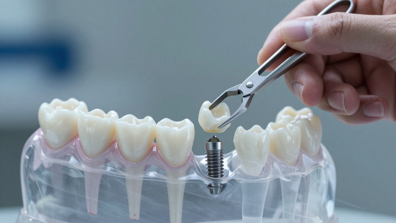 Rukou umísťovaná celokeramická korunka na implantát s viditelnou regenerací kosti.