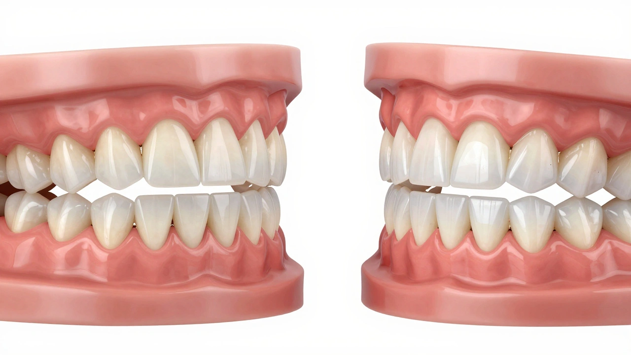 Side-by-side comparison of low-quality and high-quality composite veneers on dental models.