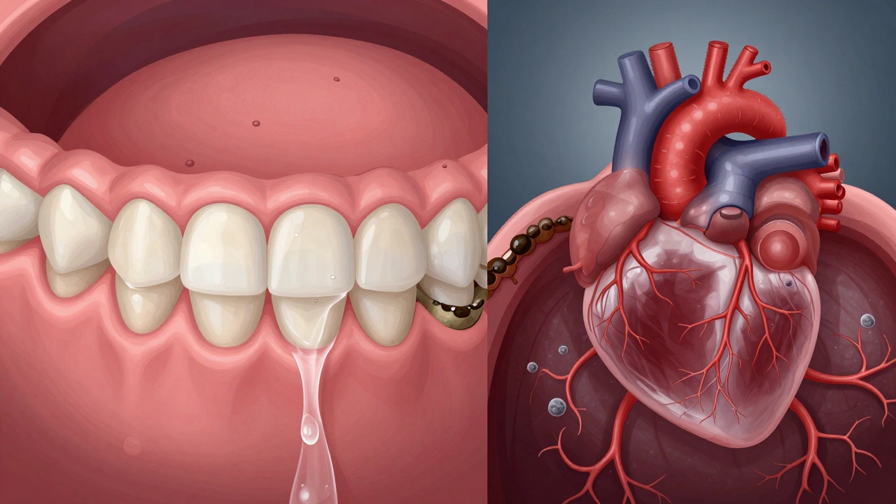 Srovnání zdravých dásní a zubního kamene s vlivem na krevní oběh.