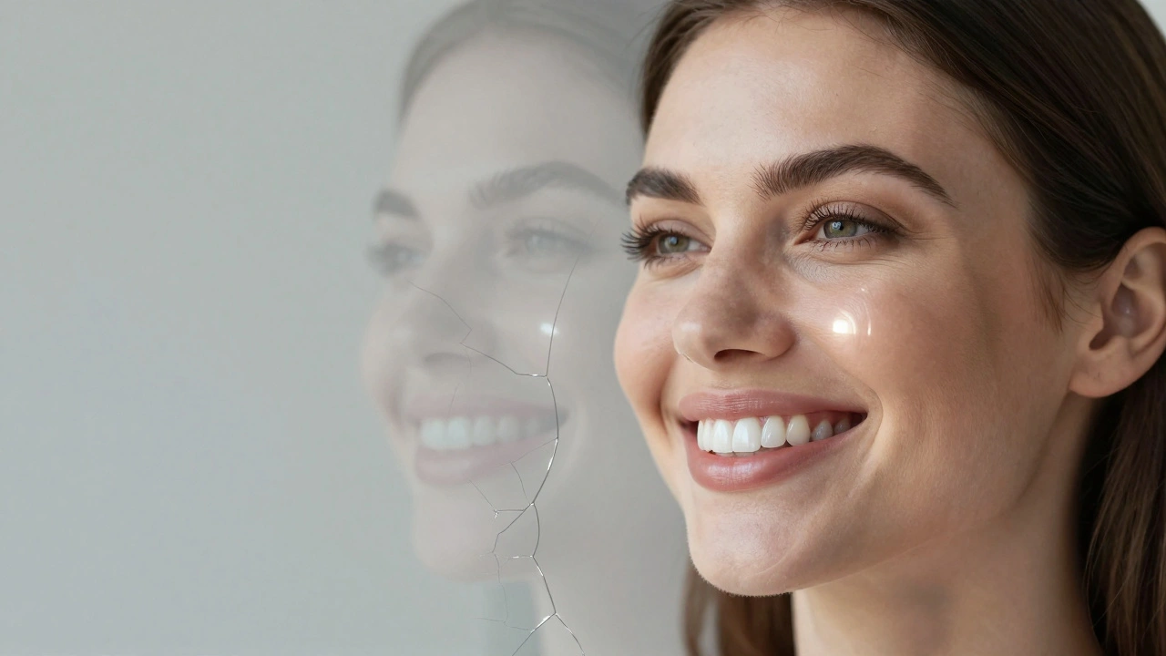 Woman smiling confidently with naturally glowing composite veneers, faded damaged ones in background.