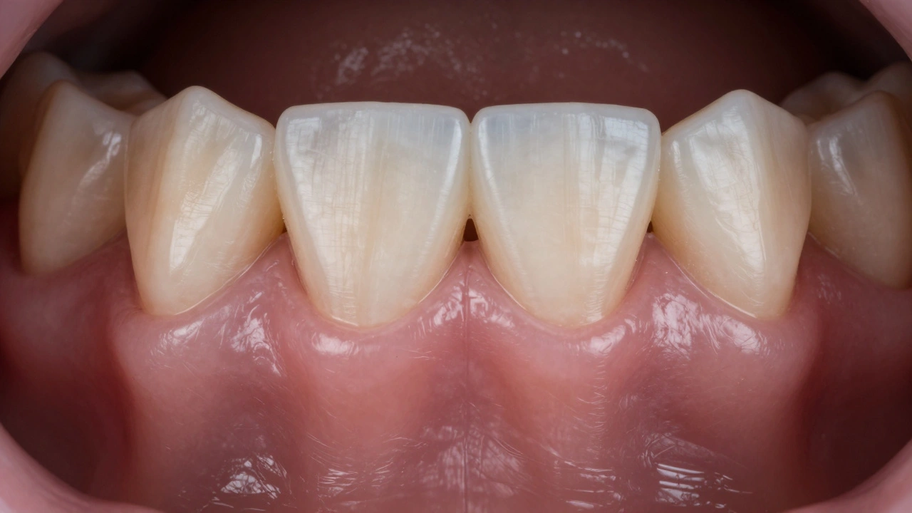 Zacelená díra po šesti měsících s hladkou dásní a obnovou kosti.