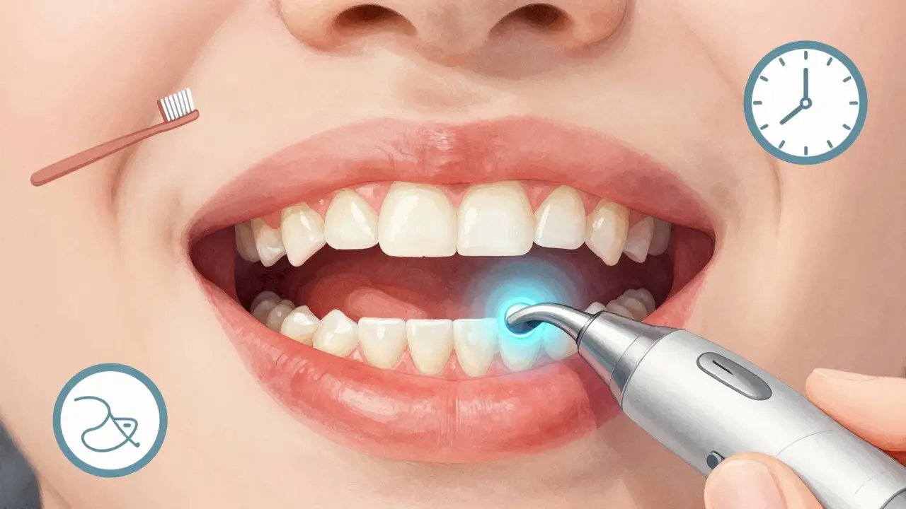 Zdravé dásně s jemným nánosem plaku odstraňovaným ultrazvukovým zařízením.