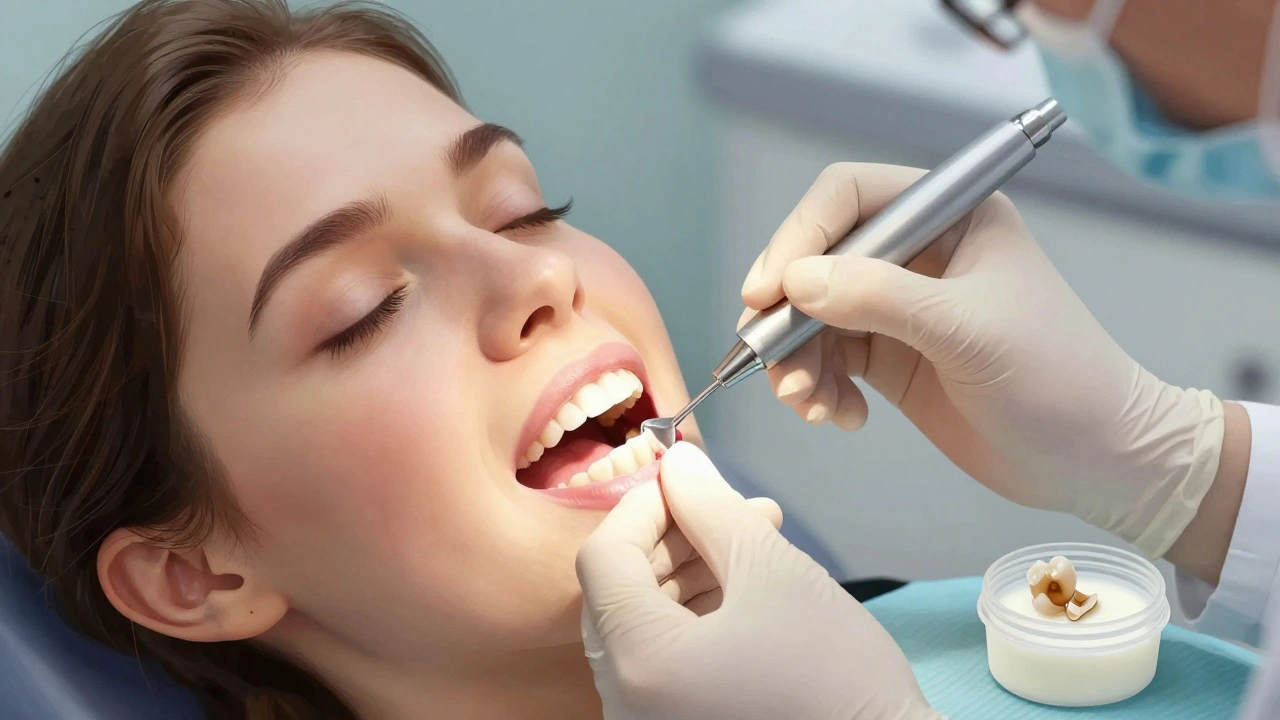 Zubní lékař čistí fazety speciálním nástrojem, pacient sedí v křesle, vedle je nádoba s mlékem.