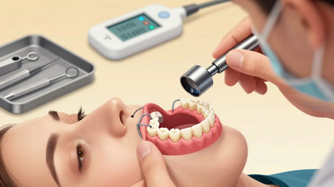 Zubní lékař pečlivě kontrolyje přesně vyrobenou částečnou protézu v ústech pacienta.