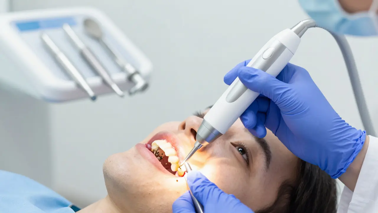 Zubní lékař používá ultrazvukový nástroj k odstranění zubního kamene pod dásní, přesně a bez bolesti.