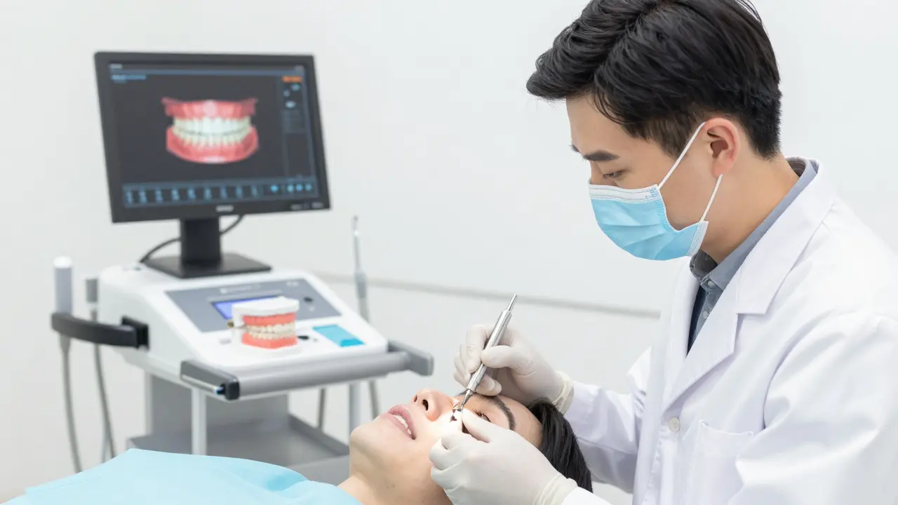 Zubní lékař přizpůsobuje částečnou protézu pacientovi v klinice.