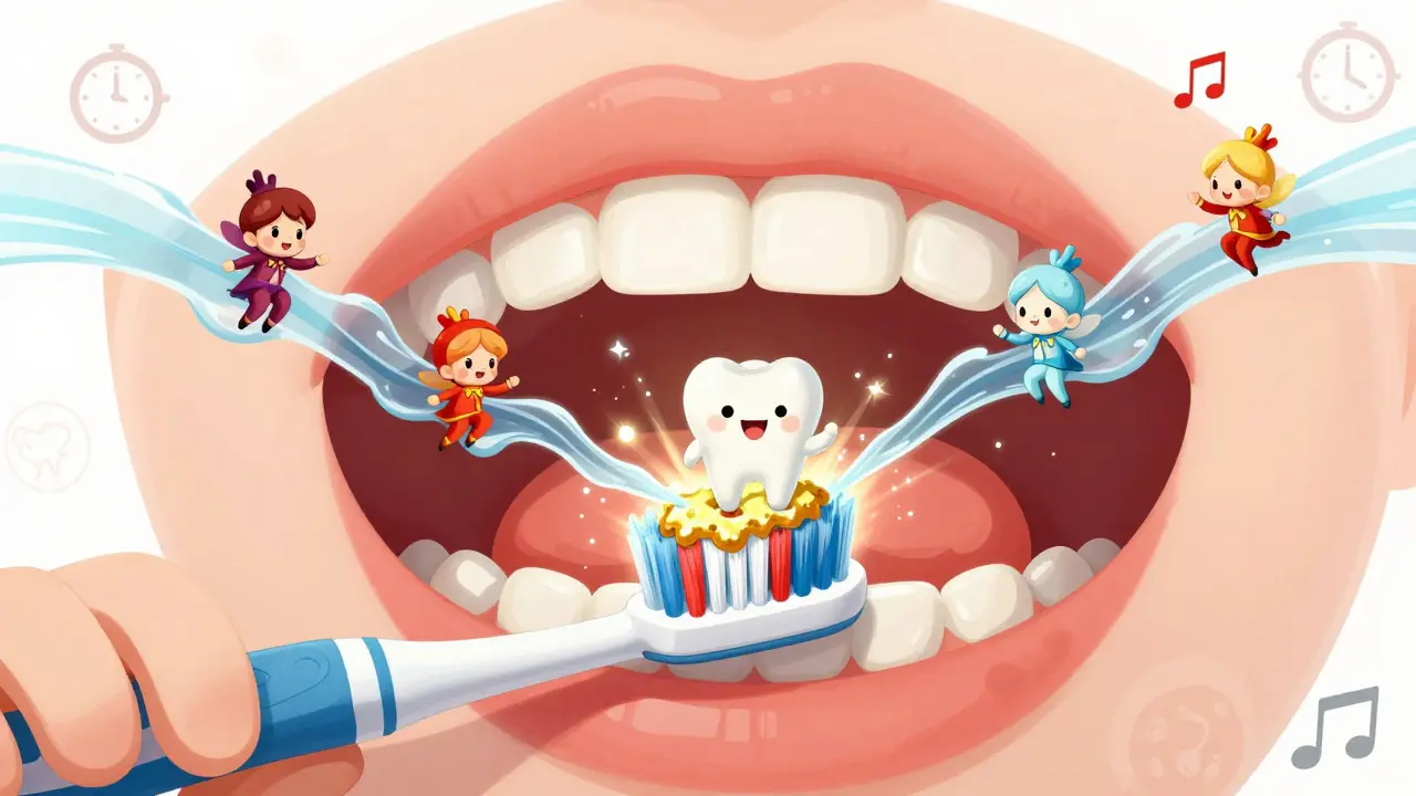 Animované mikroprůtoky čistí plak v ústech dítěte, sonický kartáček vysílá vlny.