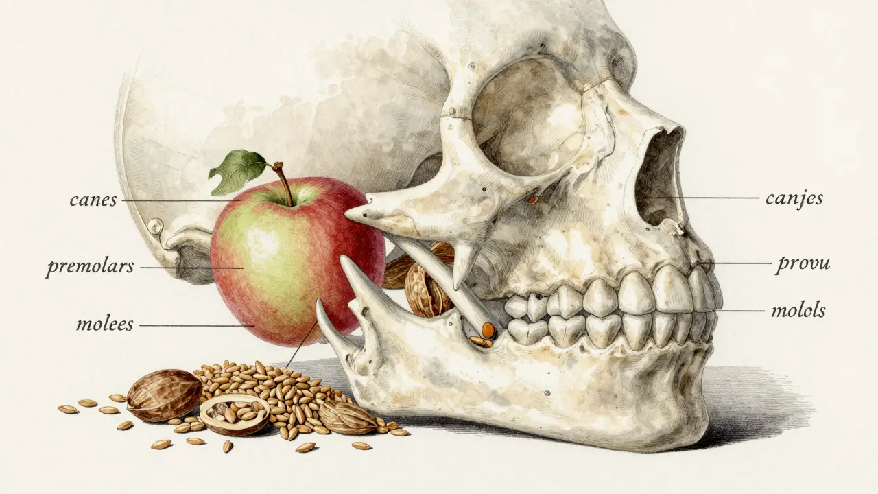 Boční pohled na čelist s obrázky, jak různé typy zubů zpracovávají různé druhy jídla.