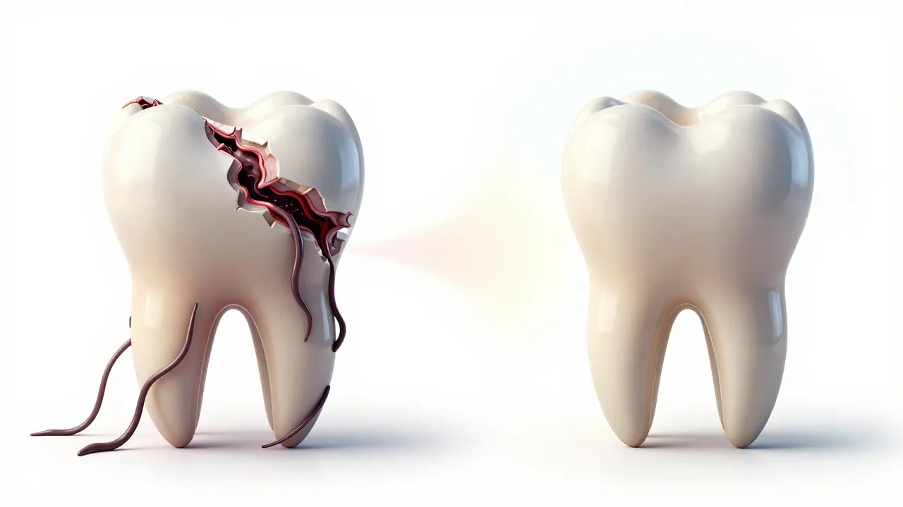 Contrast between infected tooth facing extraction and preserved tooth after successful resection.