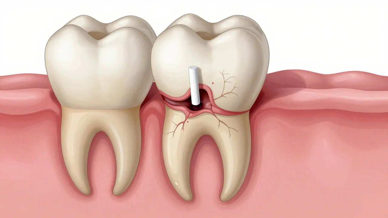 Cross-section of a molar after root resection, showing sealed root end and healing bone tissue.