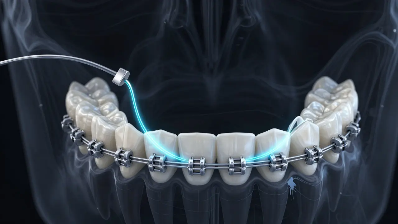 Dentální nit jako kabel přenáší sílu z rovnátka na zuby, viditelná jako jemná čára mezi braketami.