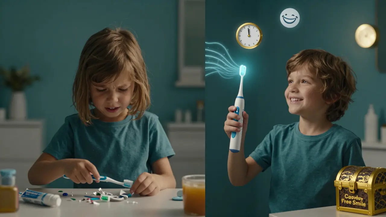 Dítě se přeměňuje z odporu na radost: ruční kartáček vpravo, sonický vlevo s jasnými vlnami.