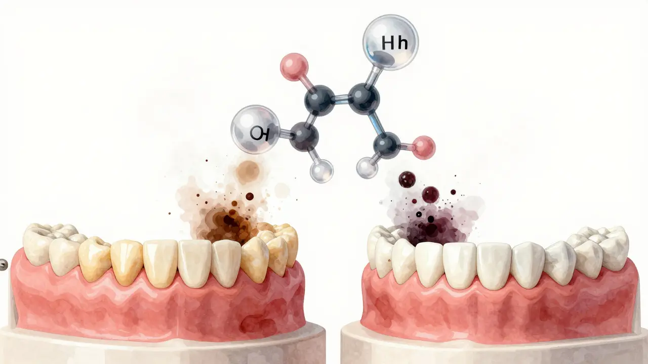 Dva modely zubů: tmavé vs. bělící se, s chemickou strukturou peroxidu vodíku.