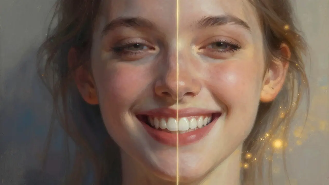 Dvoustranný portrét: jedna strana smutná a stínilá, druhá jasná a svítící s krásným úsměvem.