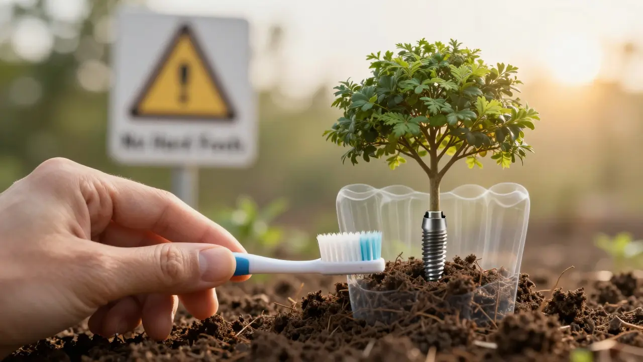 Jemné čištění implantátu měkkým kartáčkem s symbolickým obrázkem růstu stromu.