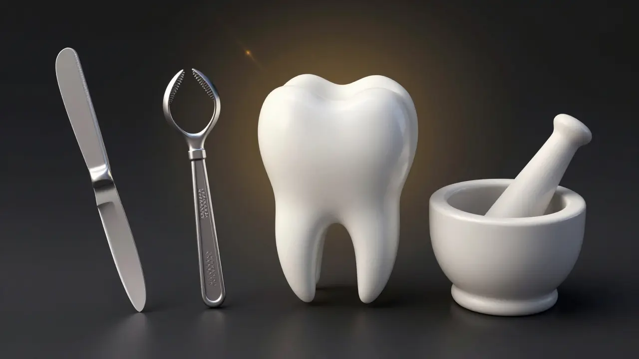 Koncepční ilustrace, kde jsou zuby znázorněny jako nástroje: nůž, dráp, hrubá struktura a mlýnek.