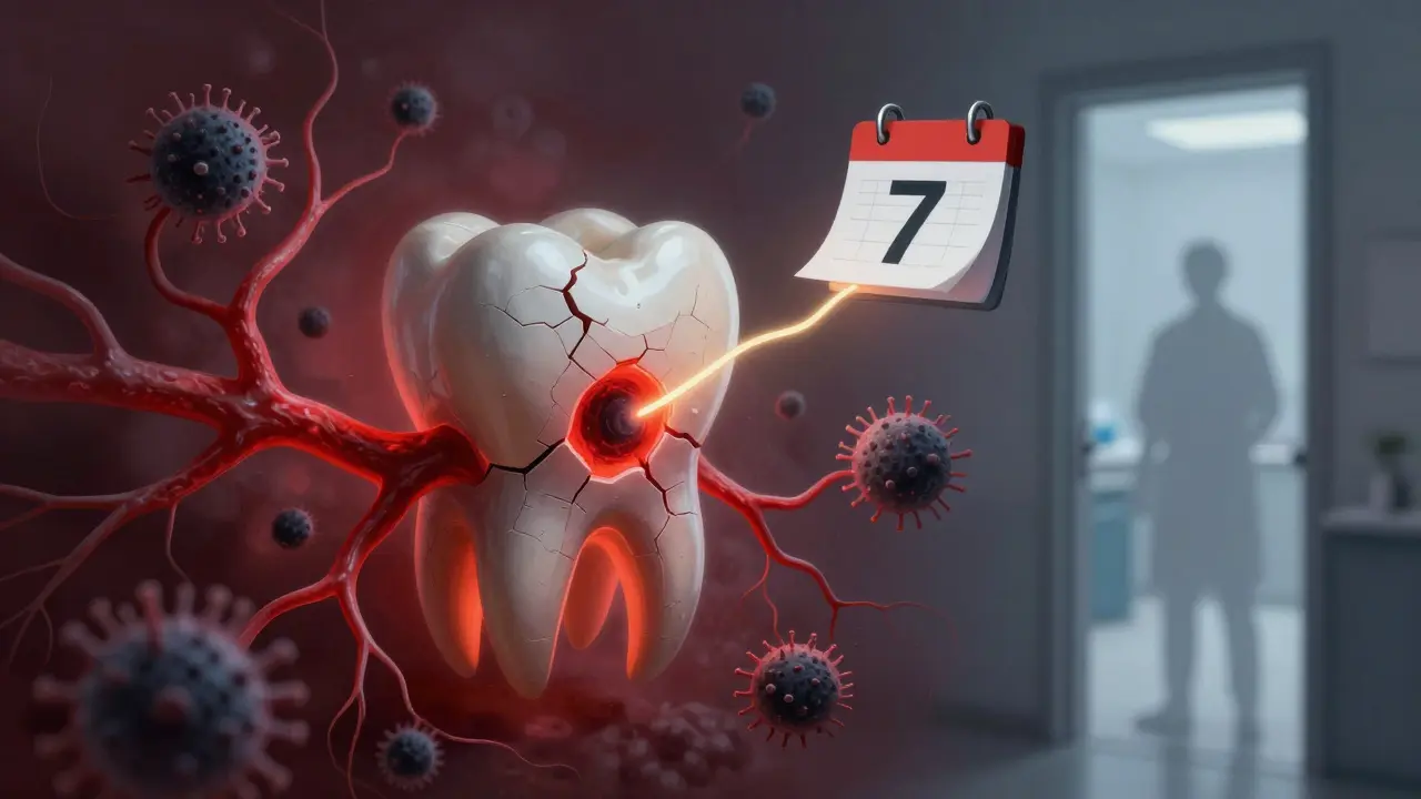 Koncepční obrázek zubu s viditelným zánětem a upomínkou na návštěvu zubního lékaře.