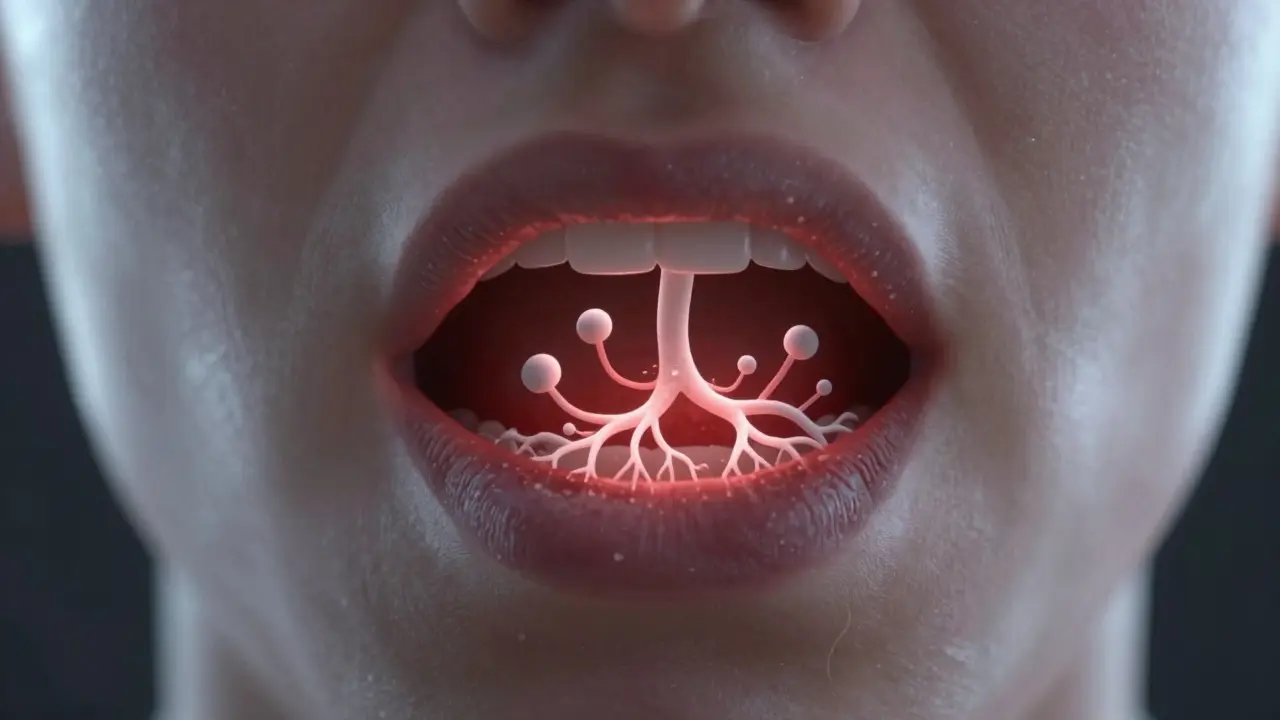 Koncepční znázornění plísně šířící se pod dásněmi jako kořeny