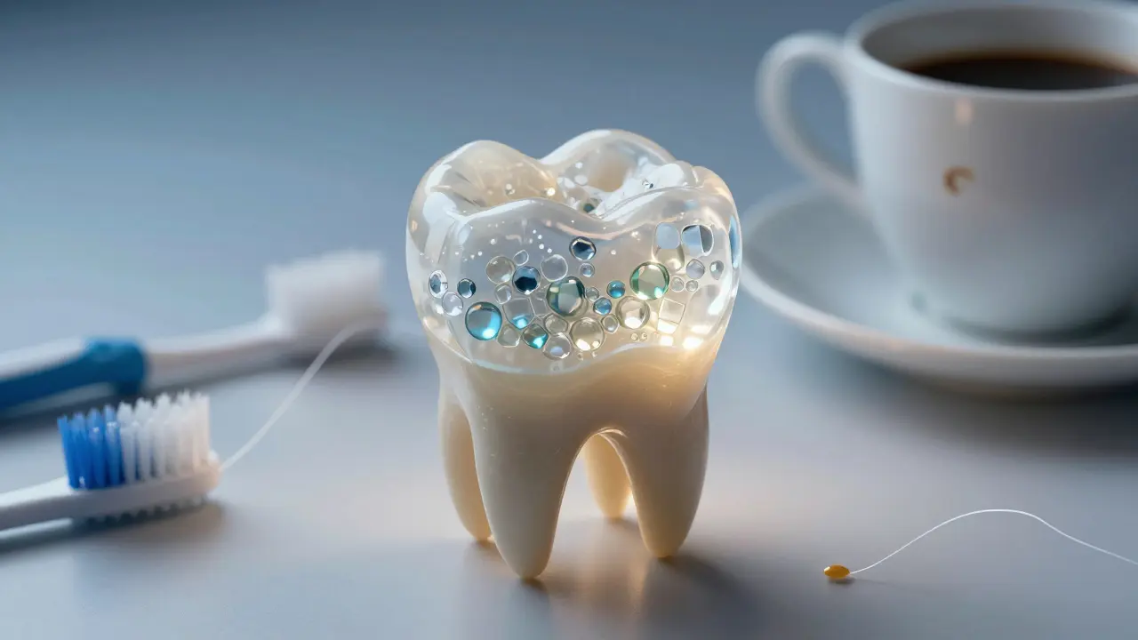 Microscopic view of composite material bonding with tooth enamel, glowing under light.