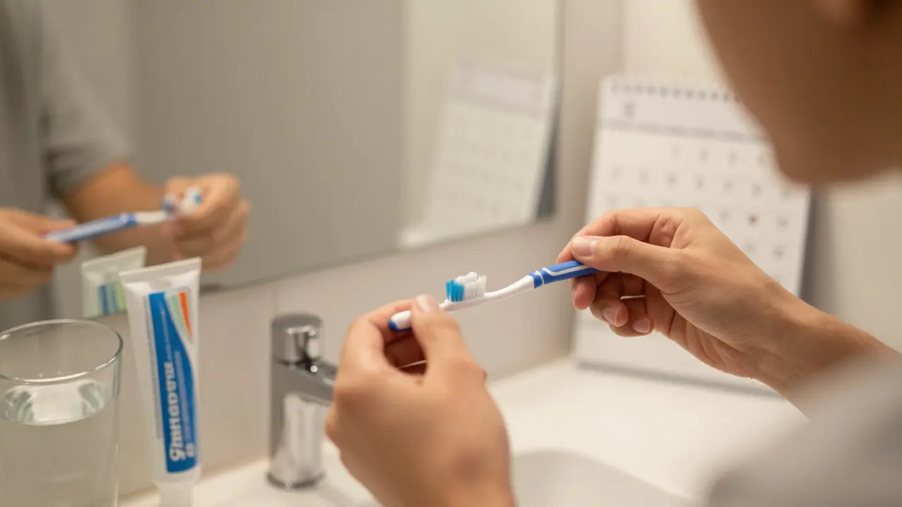 Osoba čistí zuby zubní nití před zrcadlem s potřebami na stole
