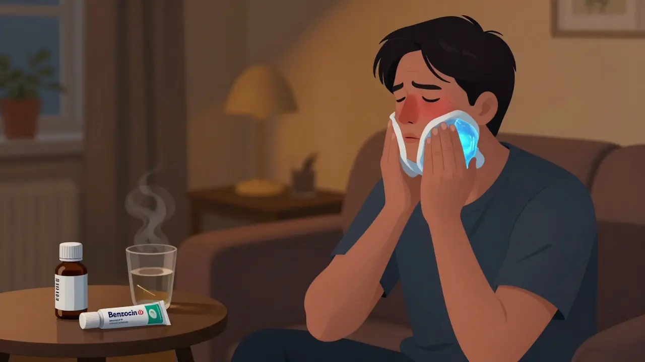 Osoba používá ledový obklad na otok na tváři v pohodlném prostředí.