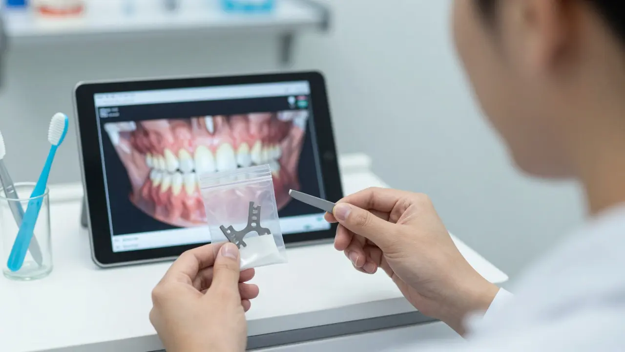 Pacient drží uvolněný závěs v pytlíku při návštěvě ortodonta.