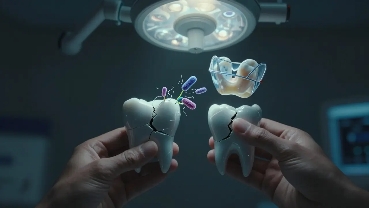 Porcelánová šálek a zub s podobnou trhlinou, bakterie se šíří po trhlině, nad nimi se vznáší korunka jako ochrana.