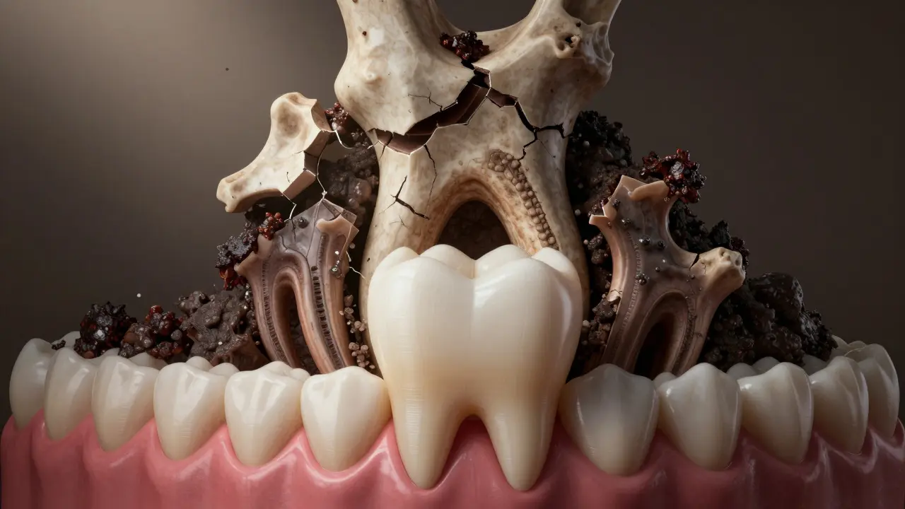 Porovnání poškozeného zubu a zdravého zubu s kamenem a kostí