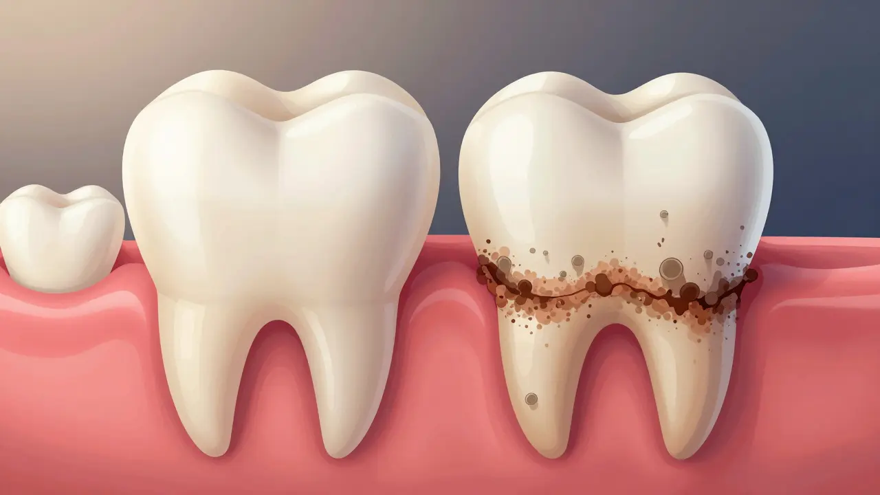Porovnání zdravého zubu s kamenem a zánětem dásní v ilustrované formě.