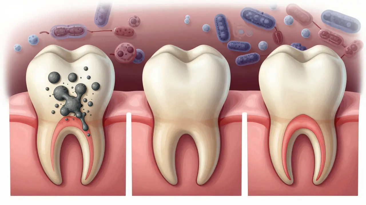 Postupné vznikání zubního kamene pod dásní a poškozování kosti kolem zubu.