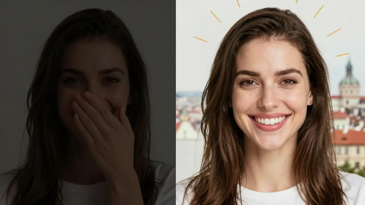 Před a po transformaci úsměvu: od skrytého strachu k sebevědomému úsměvu.