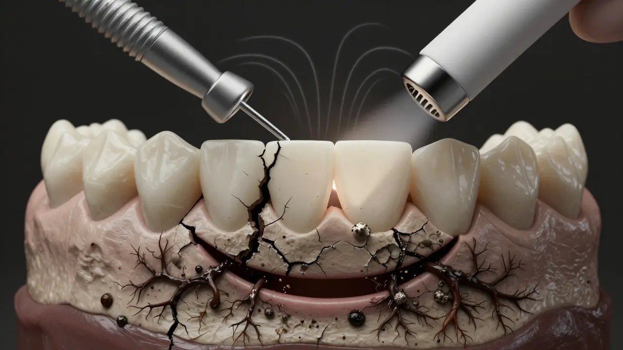Profesionální odstranění zubního kamene pomocí ultrazvukového přístroje.