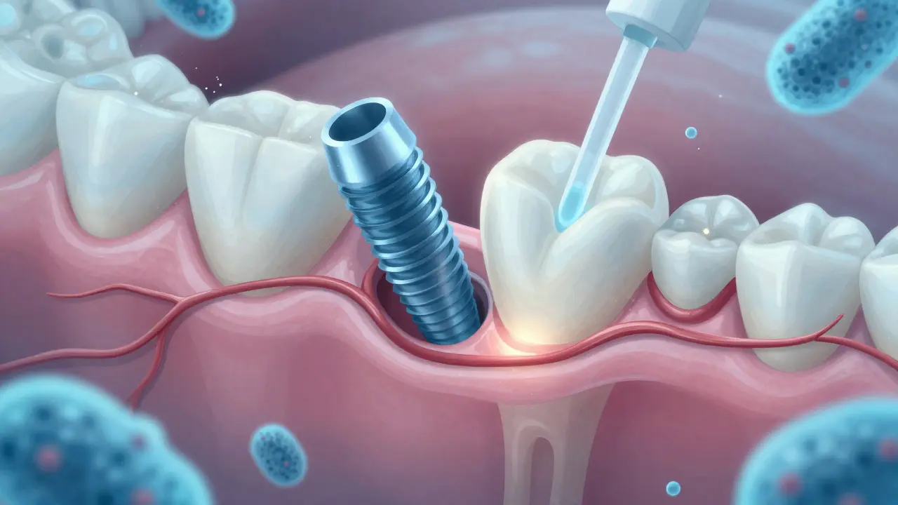 Průřez dásně a kosti s implantátem během hojení.