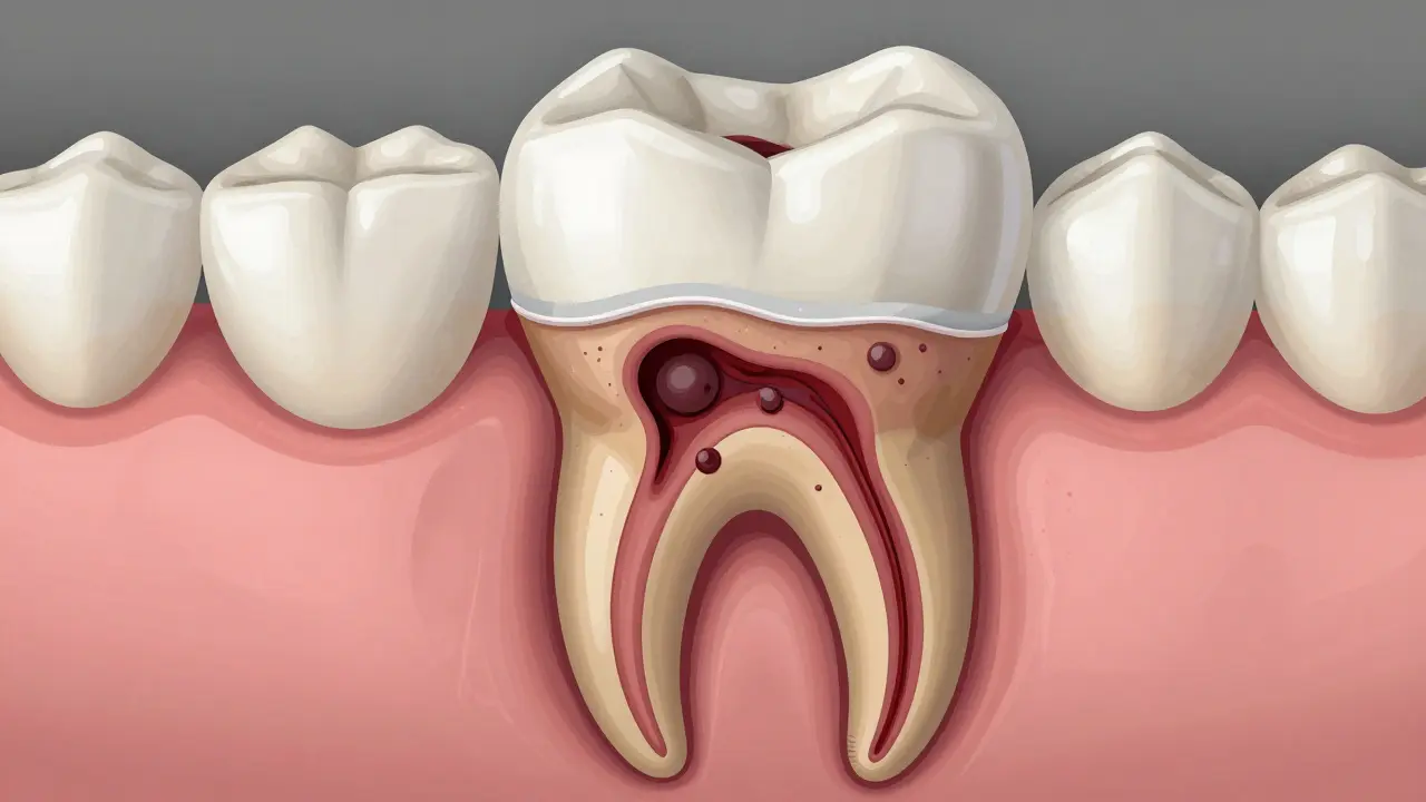 Průřez zubu ukazující mrtvou pulpu a infekci v kořeni pod keramickou fazetou.