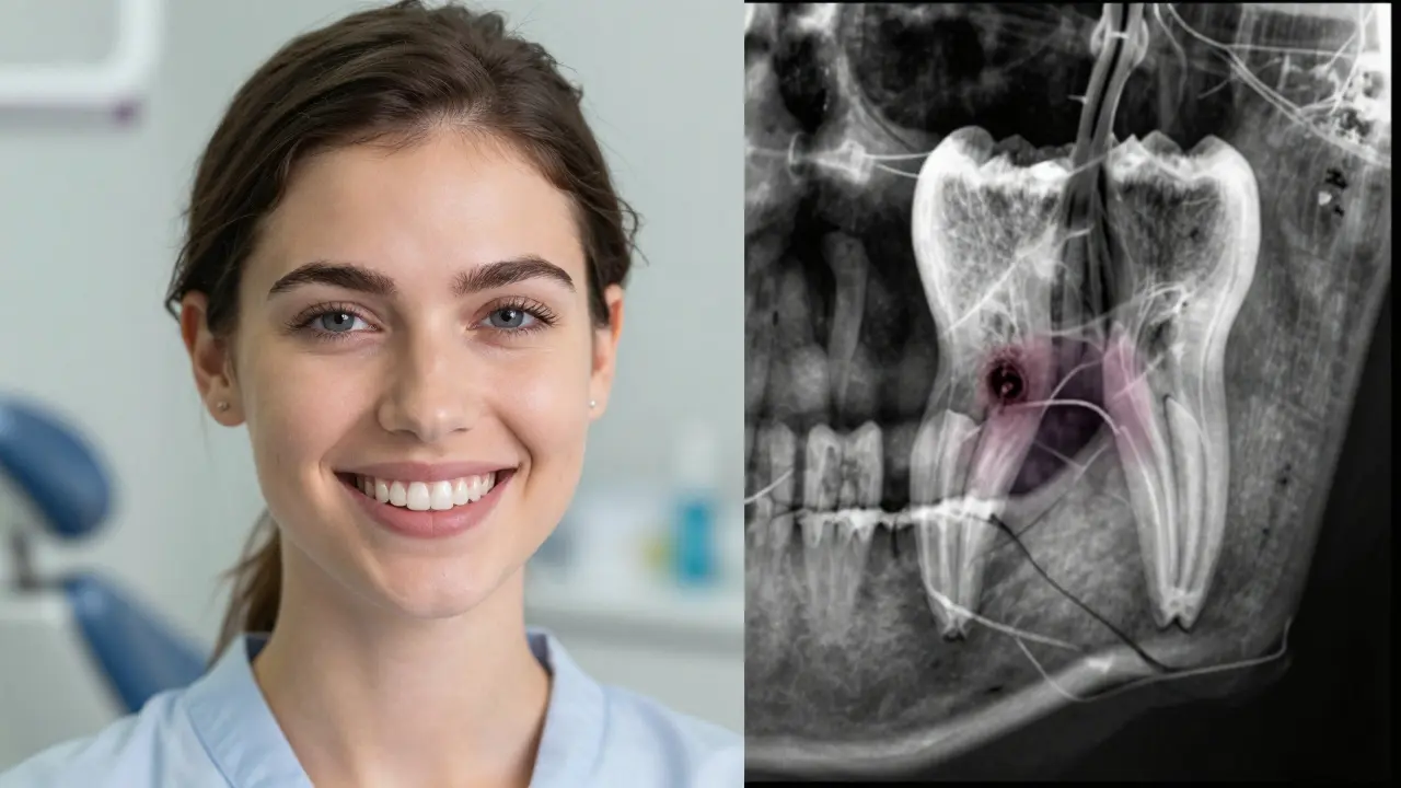 Rozdělený obraz: krásný úsměv a rentgenový obraz s infekcí v kořeni zubu.