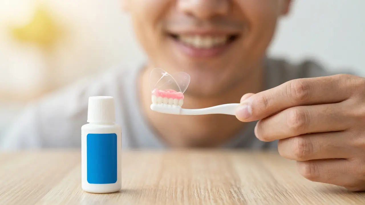 Ruce s mezizubní kartáčkem a zubní pastou symbolizující domácí péči o zuby.