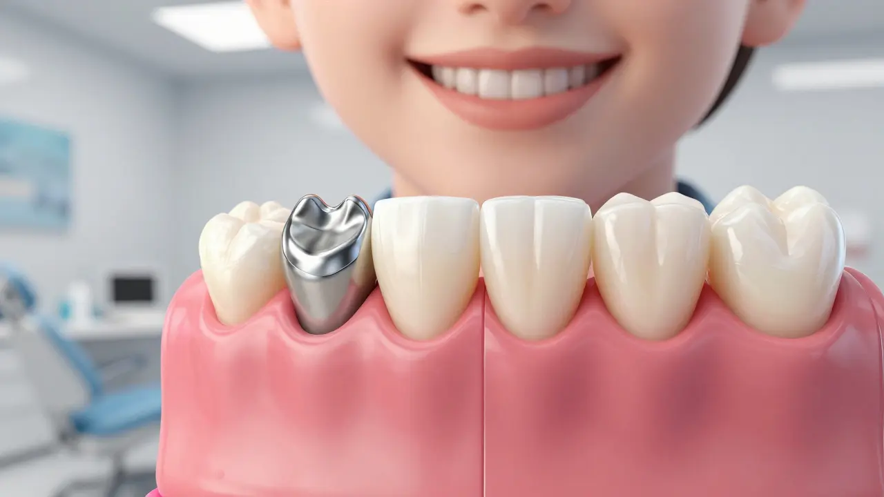 Smiling person with a seamless composite restoration on a front tooth, compared to an old silver filling.