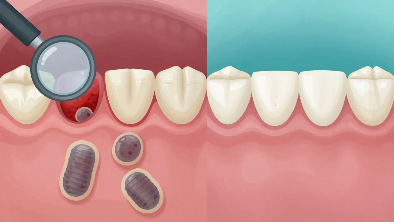 Srovnání infikovaných a zdravých dásní kolem implantátů pod zvětšením.