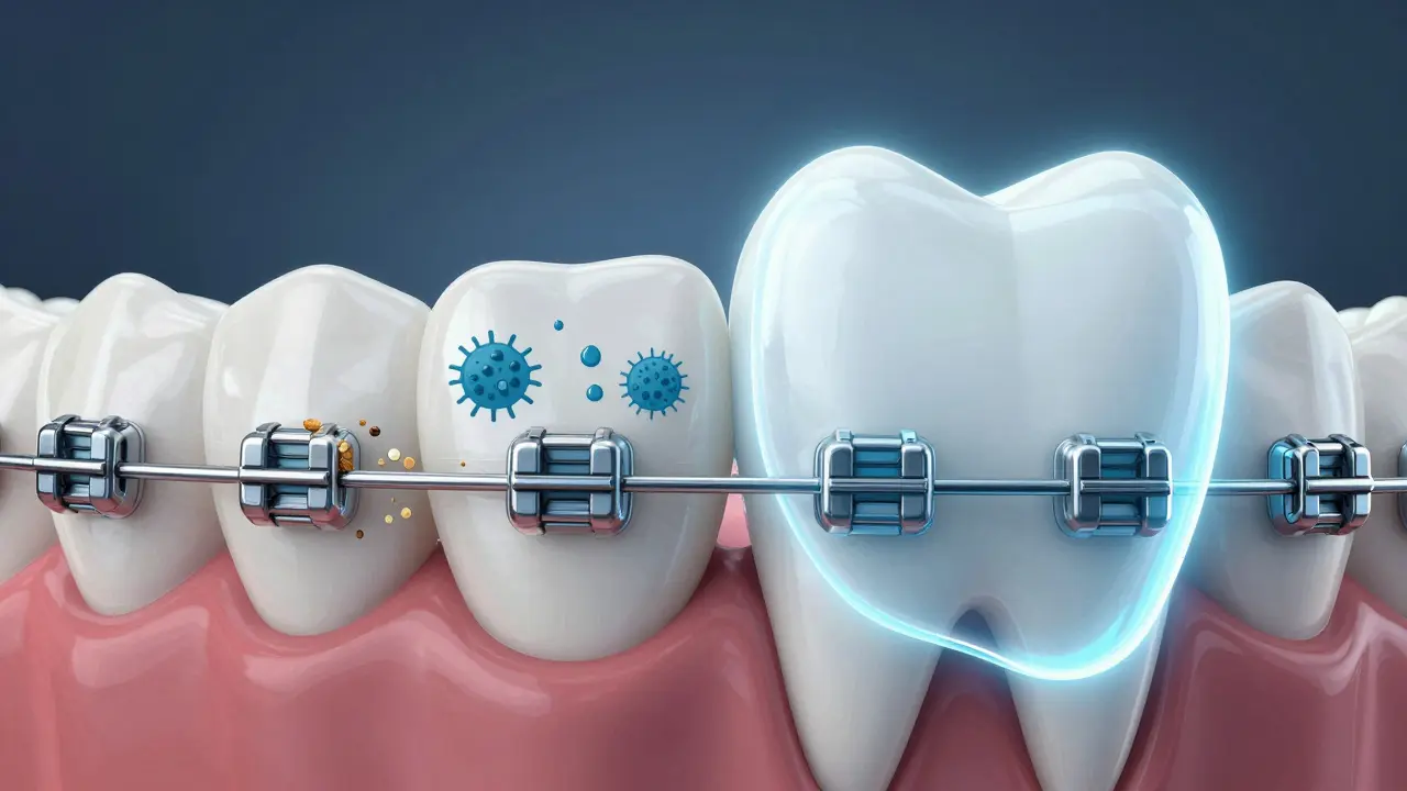 Srovnání zdravého zubu s plackou a kyselinou ničící sklovinu kolem rovnátek.
