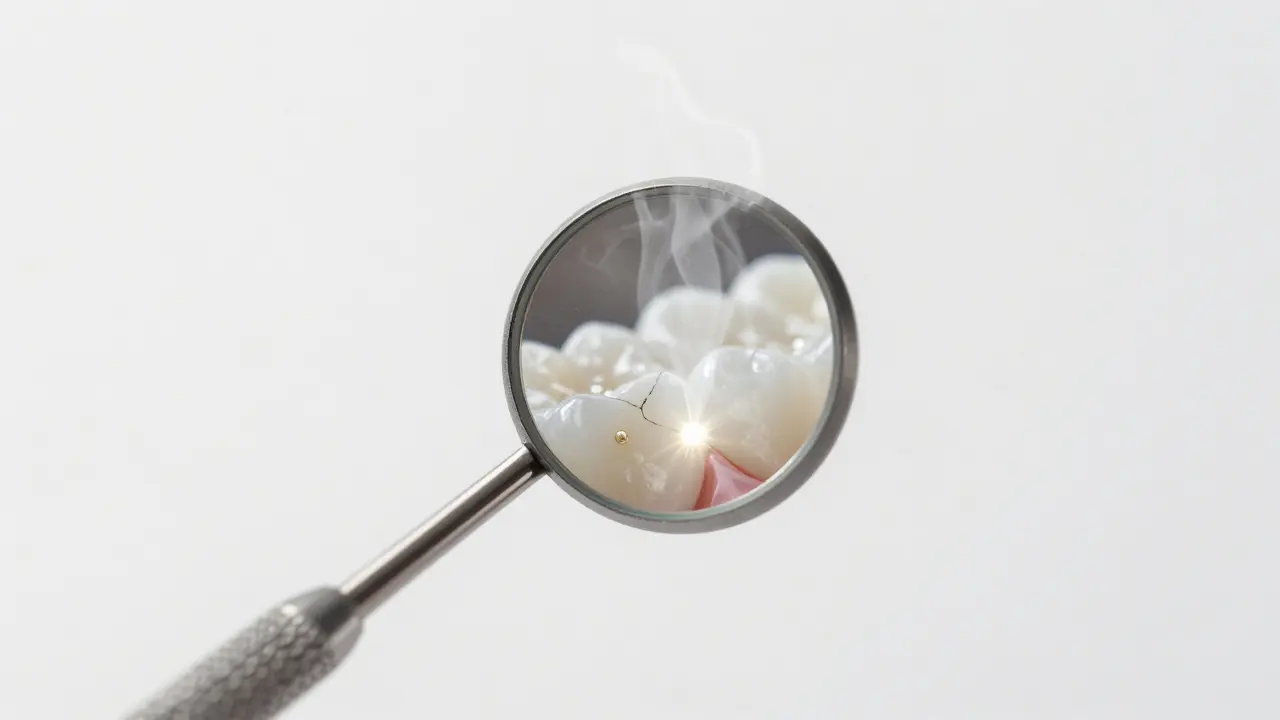 Sterilizované zubní zrcátko odrazuje světlo a odhaluje skryté poškození zubů.