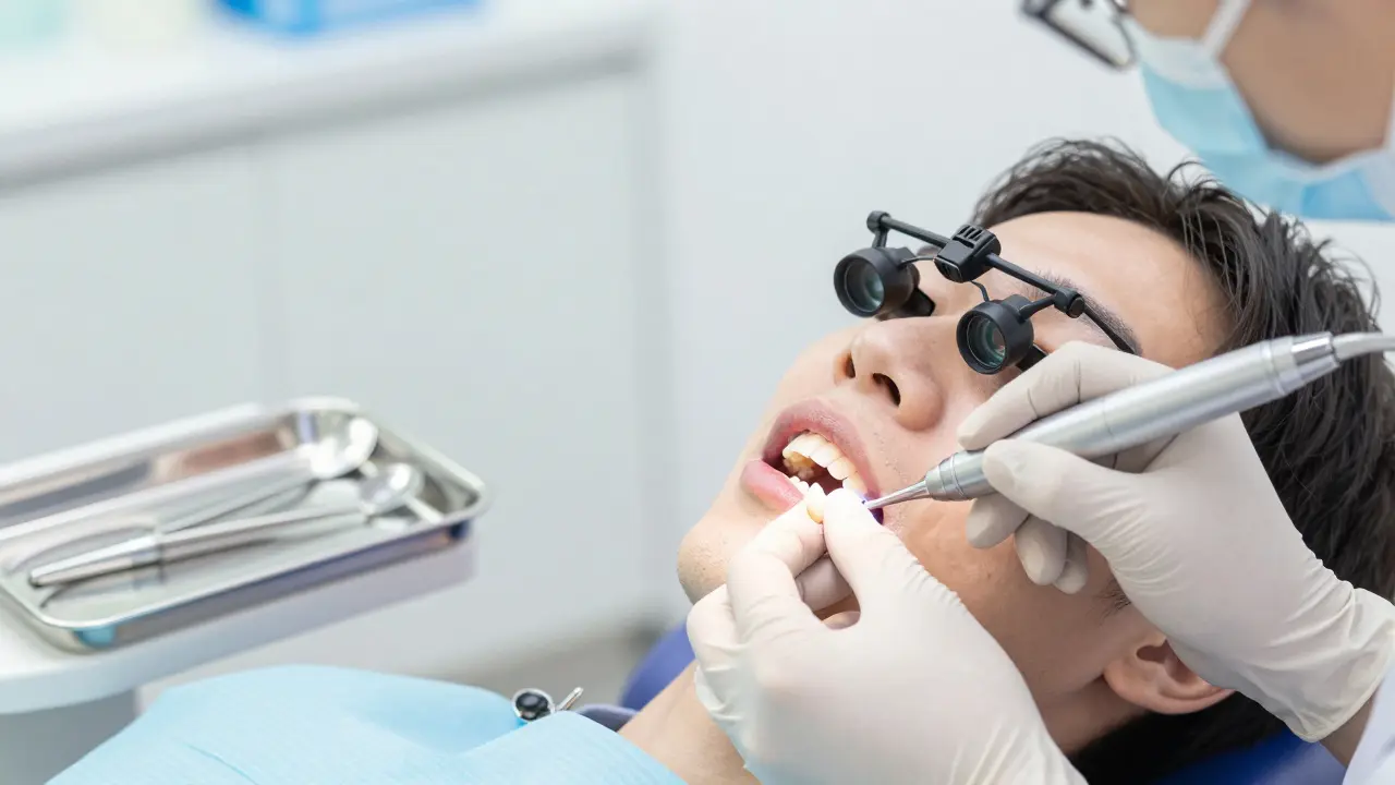 Stomatolog opravuje zlomený zub kompozitní plombou.