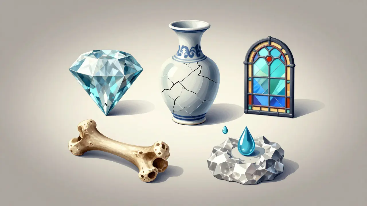 Symbolická ilustrace pěti vlastností zubní sklovinky: tvrdost, křehkost, průhlednost, neživotnost a odolnost proti kyselinám.